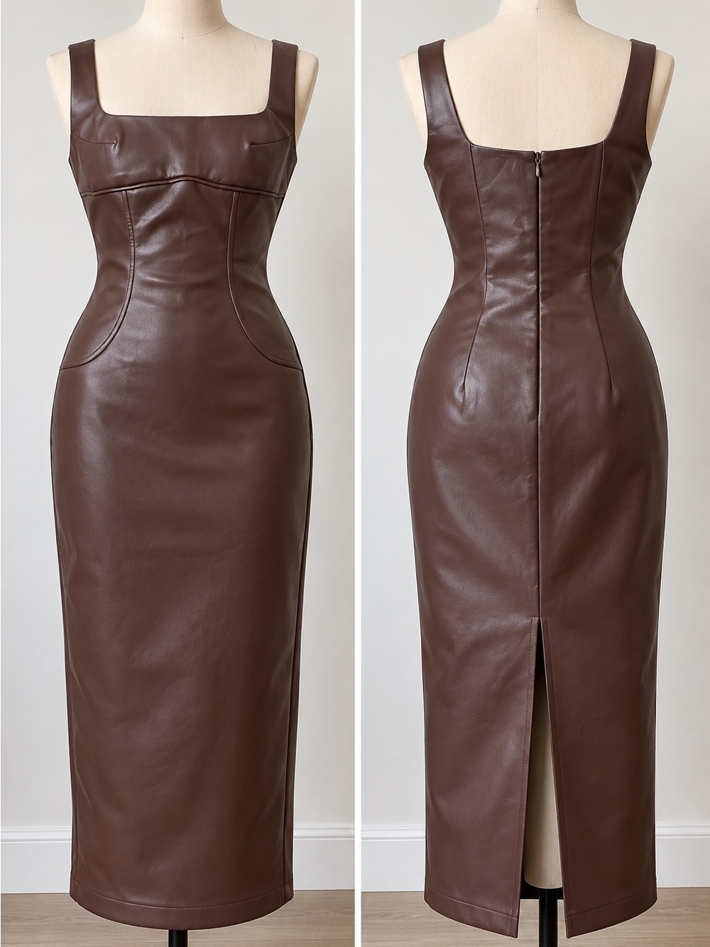 Commense Chocolate Brown Faux-Leather Midi Dress